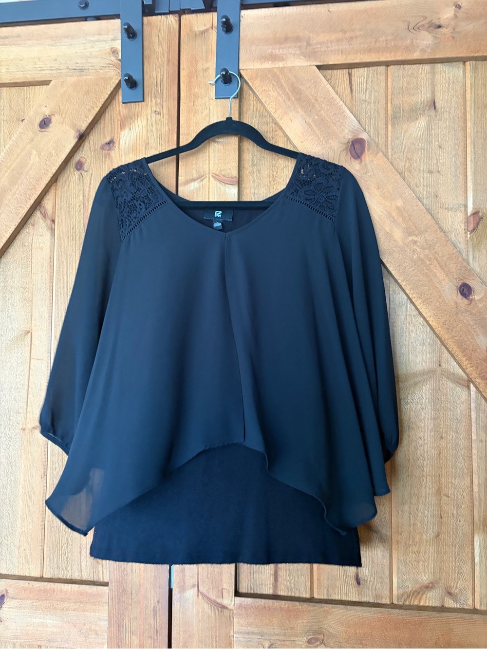 Iz Byer Black Layered Chiffon Blouse with Lace Shoulders